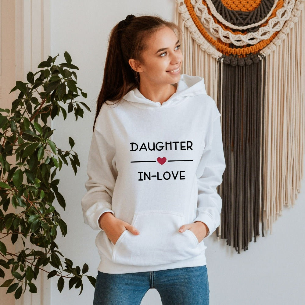 Adorable daughter-in-law sweatshirt for loved in law, future bride and soon-to-be Mrs. This positive outfit is a great gift idea for engagement party, wedding shower, bachelorette party, getting ready and rehearsal dinner. Daughter in love birthday present or Christmas holiday gift for daughter.