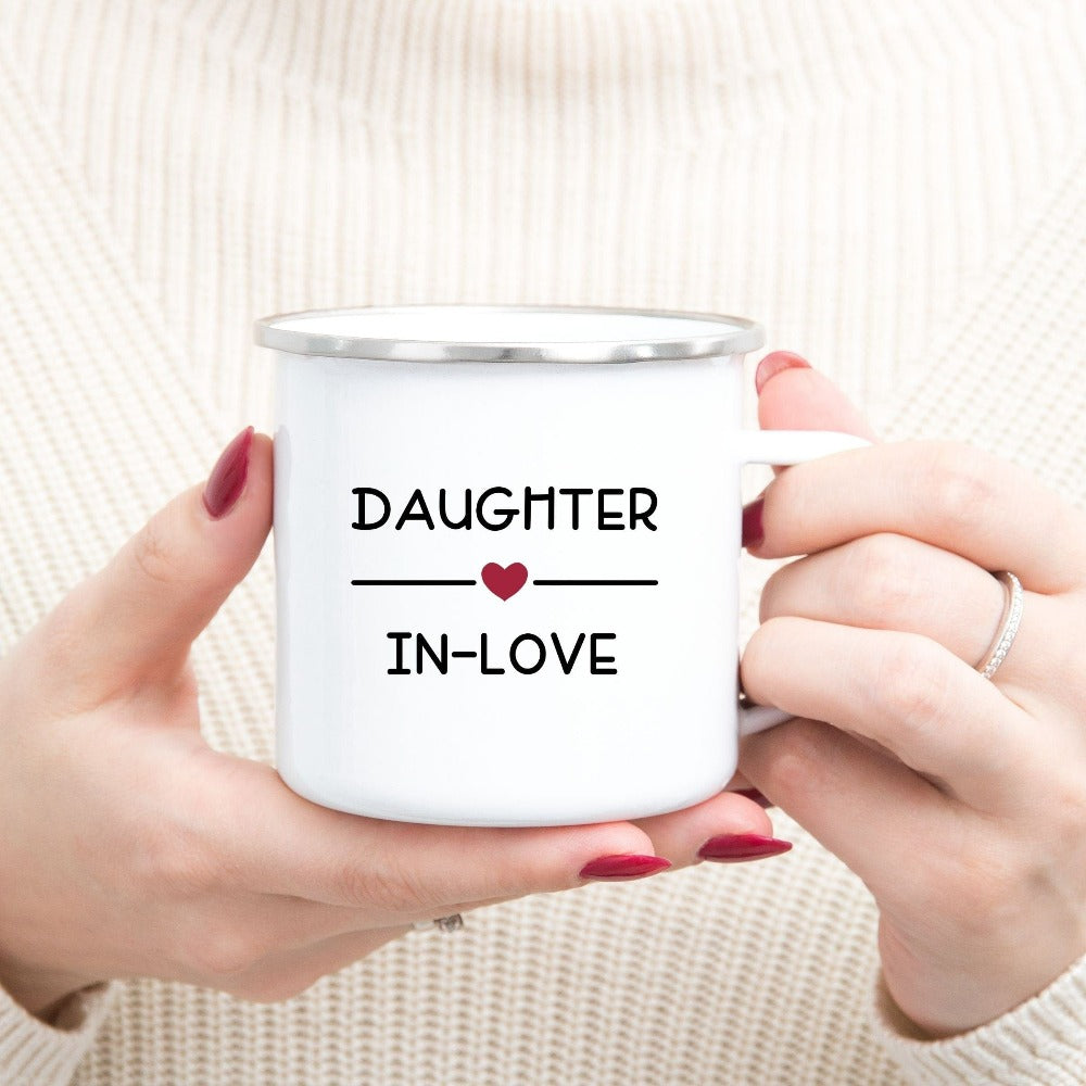 Adorable daughter-in-law coffee mug for loved in law, future bride and soon-to-be Mrs. This positive outfit is a great gift idea for engagement party, wedding shower, bachelorette party, getting ready and rehearsal dinner. Daughter in love birthday present or Christmas holiday gift for daughter.