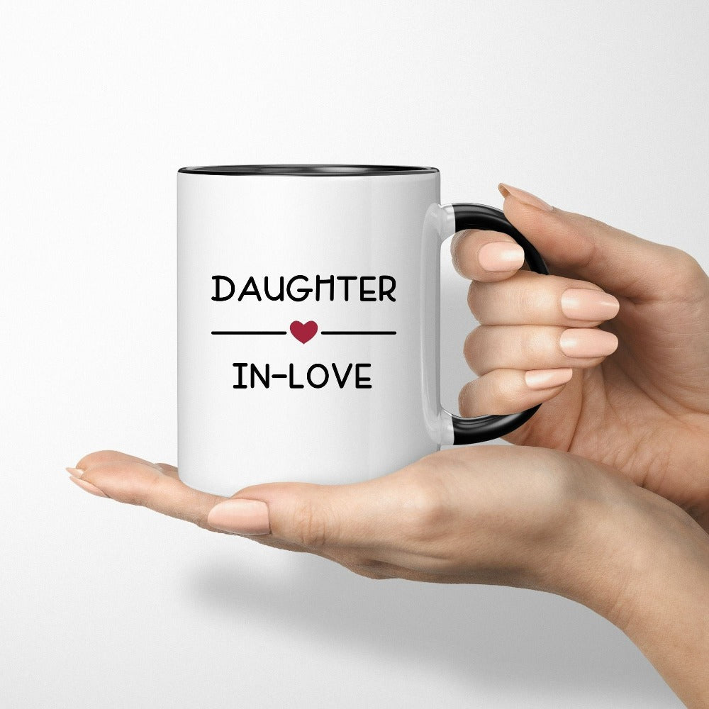 Adorable daughter-in-law coffee mug for loved in law, future bride and soon-to-be Mrs. This positive outfit is a great gift idea for engagement party, wedding shower, bachelorette party, getting ready and rehearsal dinner. Daughter in love birthday present or Christmas holiday gift for daughter.