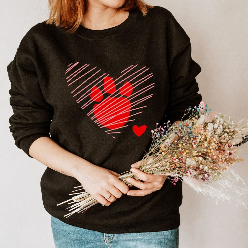 Dog Lover Valentine's Day Sweatshirt, Valentines Gift for Pet Owner, Mom Dad Cute Paw Heart Shirt, Animal Lover Valentine Outfit Top