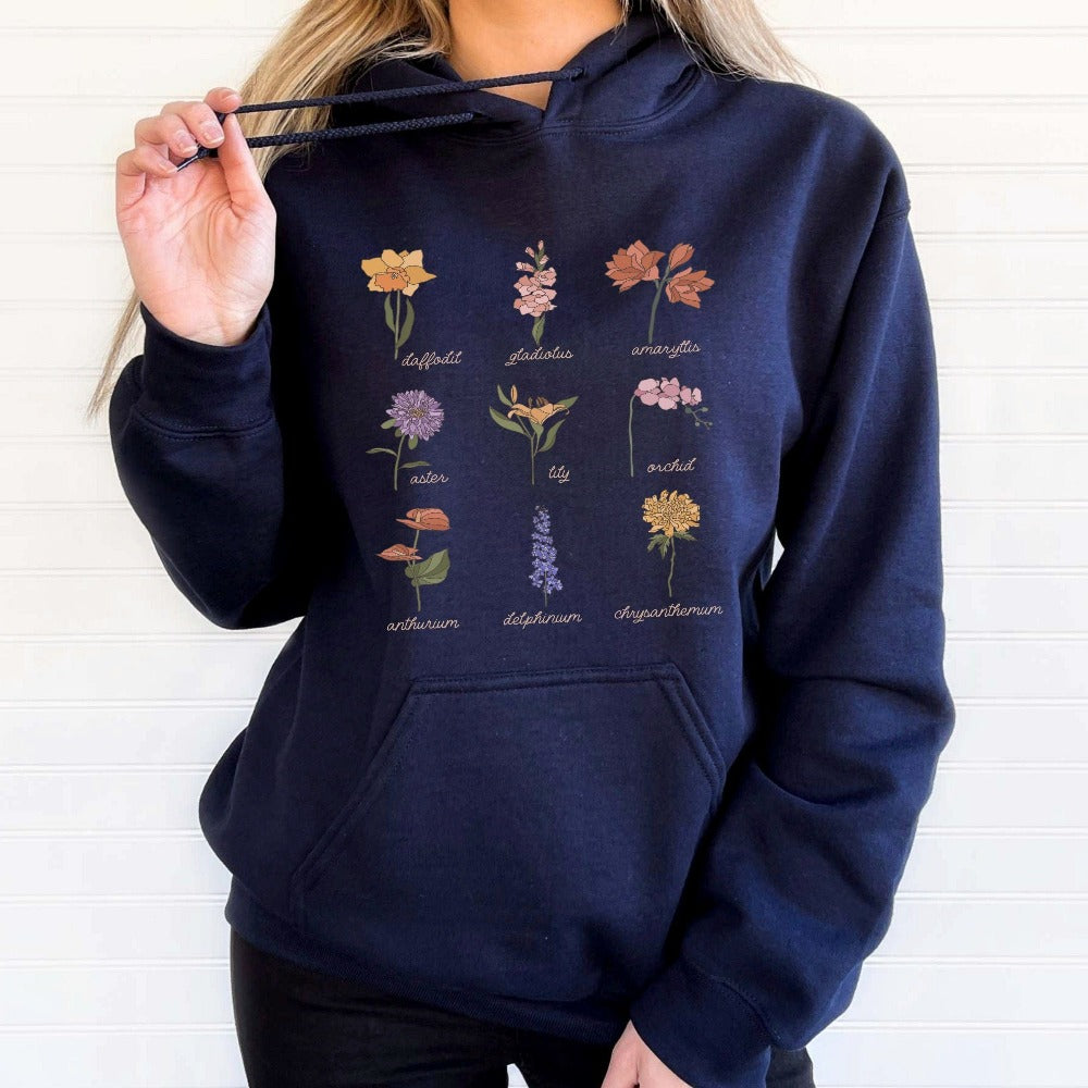 Wildflower graphic sweatshirt showing daffodil, gladiolus, amaryllis, aster, lily, orchid, anthurium, delphinium and chrysanthemum. This botanical wild flower hoodie is great for Mother's Day, birthday, Christmas holidays, gift for best friend, daughter, mom or loved one especially anyone that loves nature, flowers and adorable watercolor outfits.