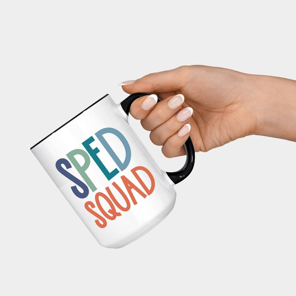 SPED squad special education teacher coffee mug for back to school. This is a great matching cup for new grade inclusive crew team. Also works as an appreciation xmas gift for your favorite Special Ed school counsellor.