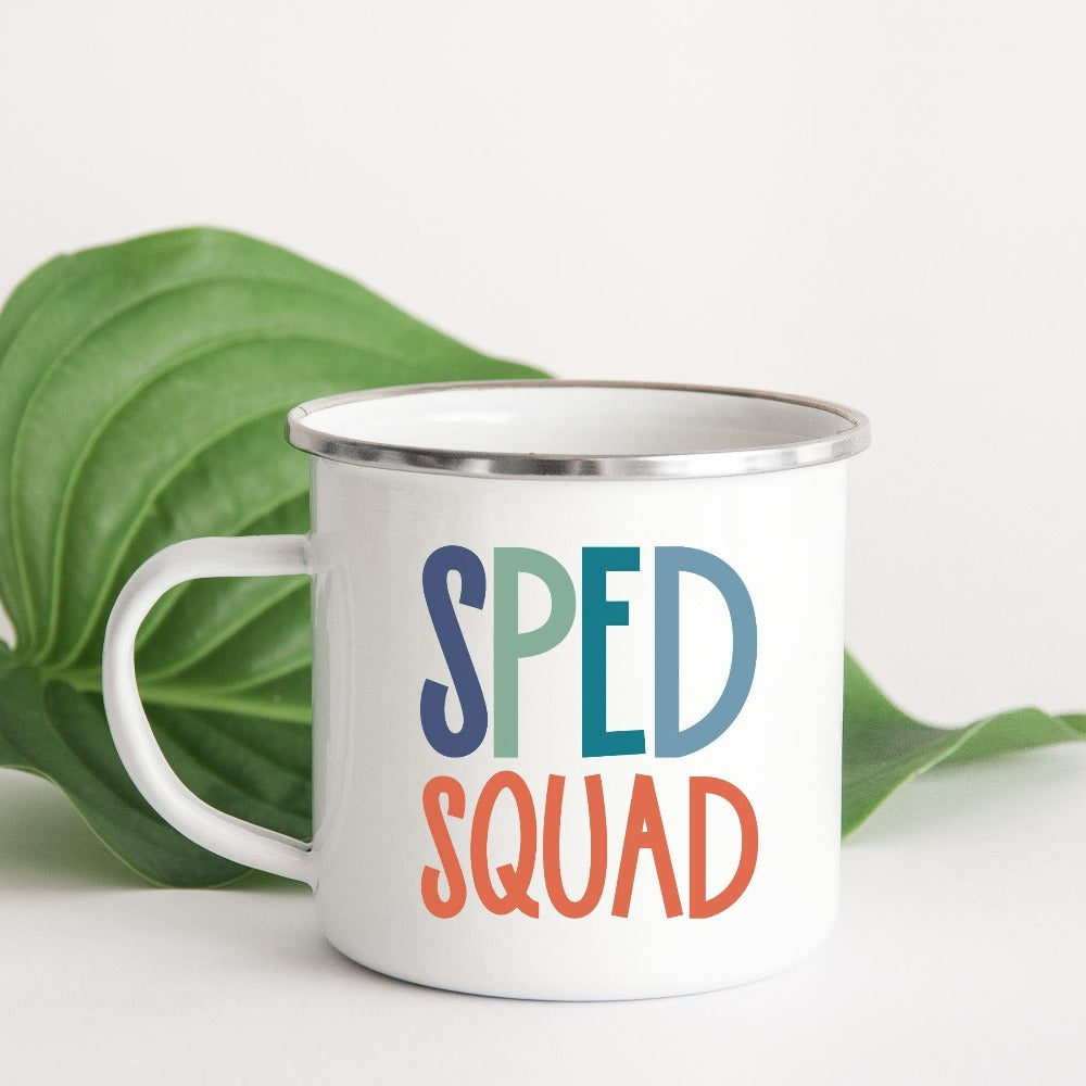 SPED squad special education teacher coffee mug for back to school. This is a great matching cup for new grade inclusive crew team. Also works as an appreciation xmas gift for your favorite Special Ed school counsellor.