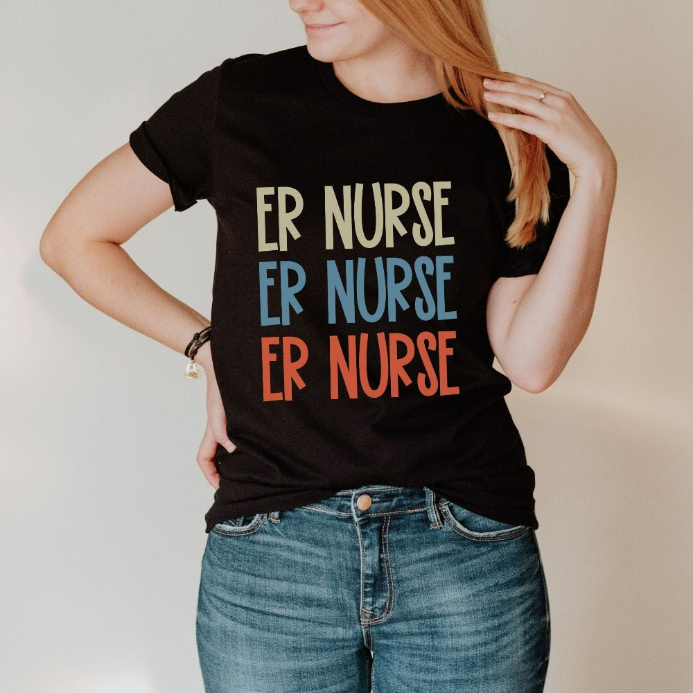 Emergency Nurse shirt. This cute retro gift idea works for Nursing Graduate, New Nurse, Emergency Department Unit, ER Crew. Perfect appreciation thank you gift for hospital ward favorite nurse team and co-workers. Great staff work tee for both night and day shifts.