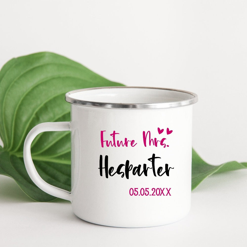 Grab this adorable wedding souvenir for the newest bride to be. Customized with name and date, this cute gift idea is perfect for a bridal shower present for the soon to be Mrs or anniversary gift for wife/spouse. Custom personalized bachelorette coffee mug.