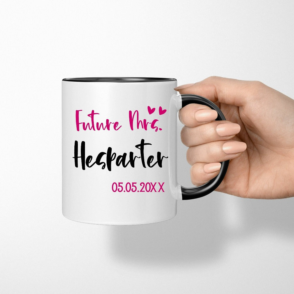 Grab this adorable wedding souvenir for the newest bride to be. Customized with name and date, this cute gift idea is perfect for a bridal shower present for the soon to be Mrs or anniversary gift for wife/spouse. Custom personalized bachelorette coffee mug.