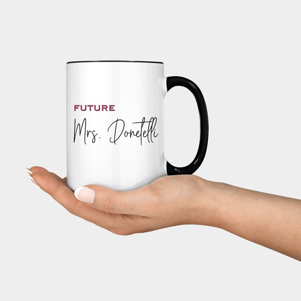 Grab this adorable Mrs. coffee mug for the newest bride to be. Customized with name, this cute gift idea is perfect for a bridal shower or wedding present for the soon to be Mrs or engagement anniversary gift for wife/spouse. Custom personalized bachelorette party gift idea.