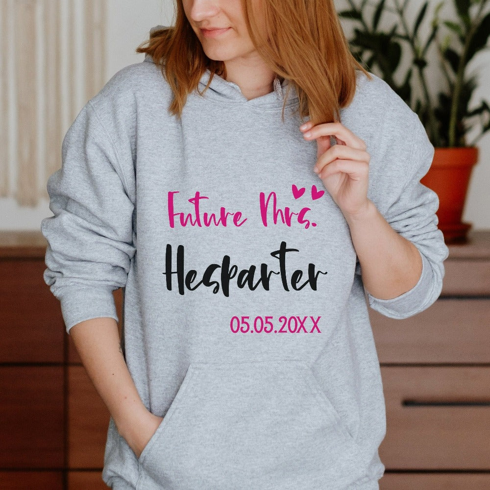 Grab this adorable wedding souvenir for the newest bride to be. Customized with name and date, this cute gift idea is perfect for a bridal shower present for the soon to be Mrs engagement anniversary gift for wife/spouse. Custom personalized bachelorette outfit for her.