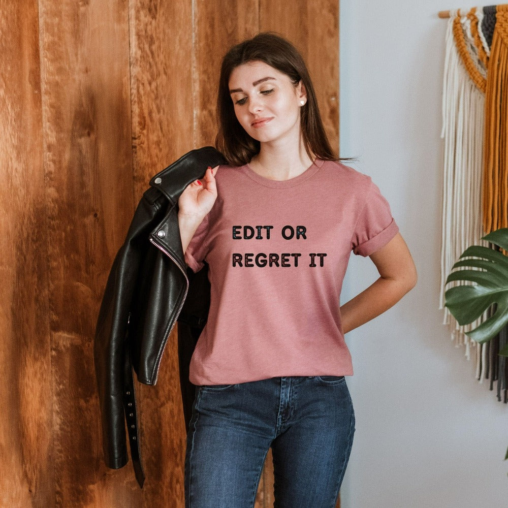 Funny book lover, poet, editor, writer, English literature teacher, reading club or librarian gift idea. This Edit it or Regret it humorous saying is a great expressive quote on a cozy shirt. It always becomes the center of great conversation and a favorite casual for literacy groups.