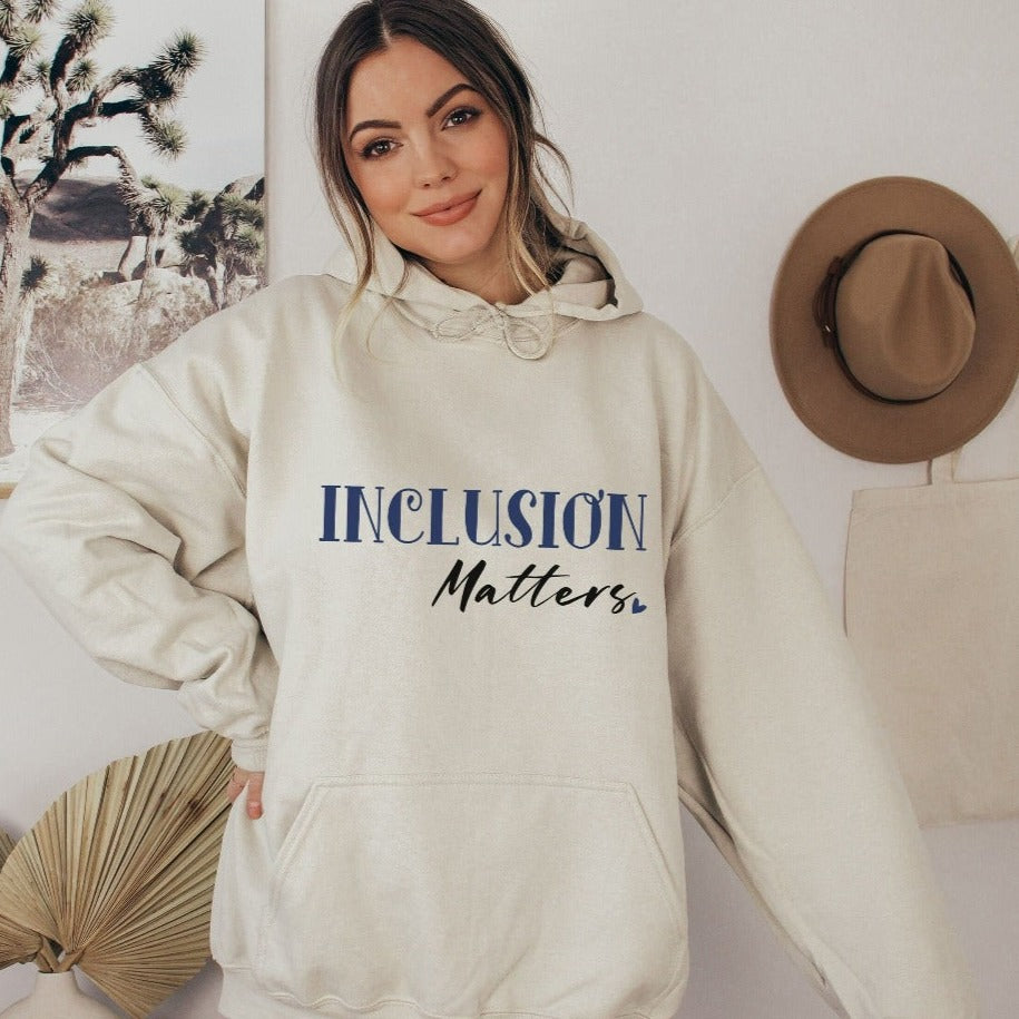 Positive Inclusion Matters sweatshirt. Gift idea for special education teacher, trainer, instructor and homeschool mama. Perfect for elementary, middle or high school, back to school, last day of school, summer or spring break.