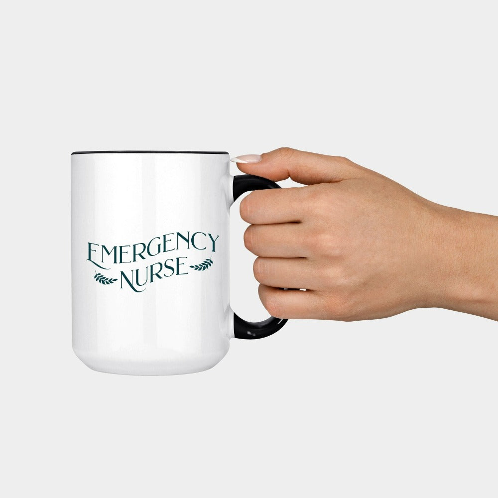 Emergency Nurse coffee mug. This minimalist gift idea works for Nursing Graduate, New Nurse, Emergency Department Unit, ER Crew. Perfect appreciation thank you gift for hospital ward favorite nurse team and co-workers. Great staffroom or office beverage mug for both night and day shifts.