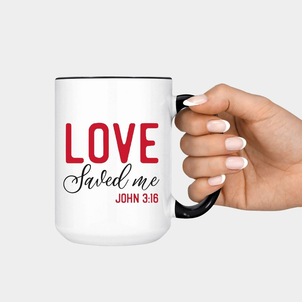 Christian faith based gift idea for religious friend or loved one. This minimalist mug is based on the scriptural quote from John 3:16. Great matching souvenir for a church convention, Sunday school or weekend service. Grab this for a birthday gift for youth pastor or leader, minister or any other Christian friend.