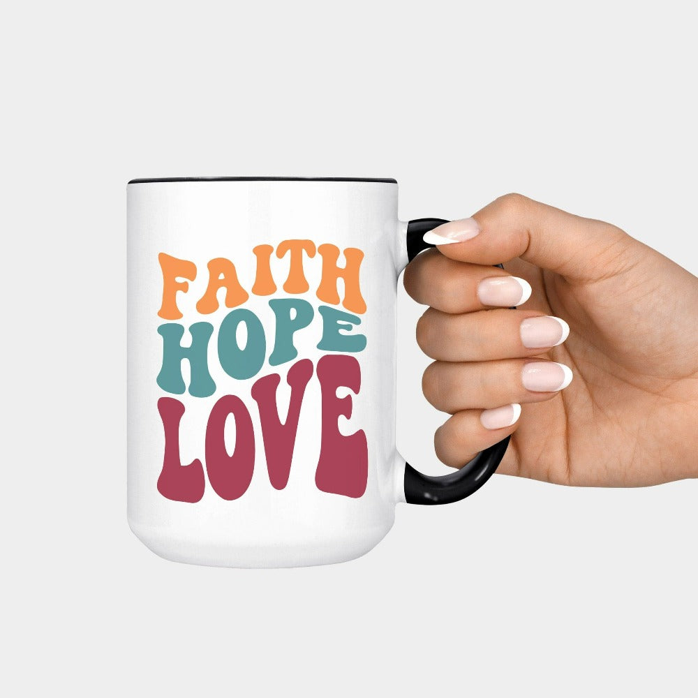 Christian faith based gift idea coffee mug for religious friend or loved one. Bible verse and 1st Corinthians 13 quote - Faith, Hope and Love saying. Great matching sweatshirt for a church convention, Sunday school or weekend service. Grab this for a birthday present for youth pastor or leader, minister or any other Christian family.