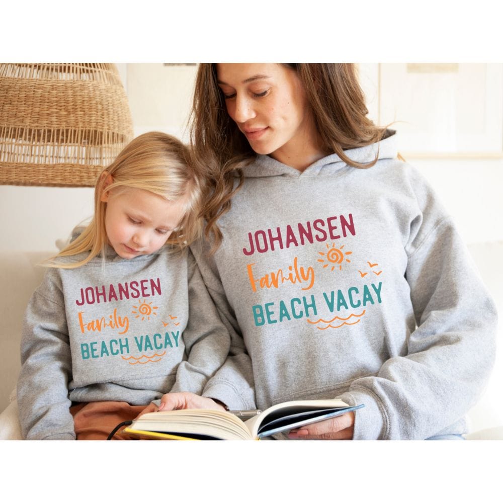 This customized family vacation hoodie outfit brings the perfect vacay mode for your summer break camping adventure or cruise. Personalize with name for a custom special touch. Travel outfit perfect for cousin crew, siblings, mom daughter reunion, weekend getaway and more! Perfect honeymoon gift idea for newlyweds.