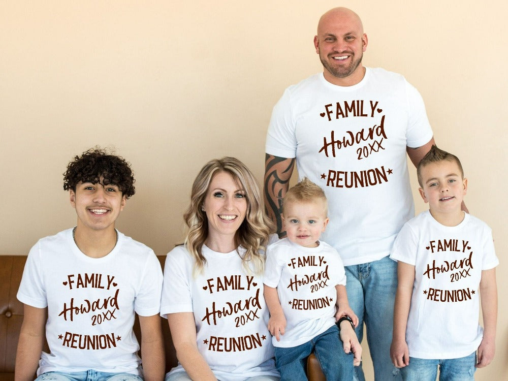 Custom matching family reunion name shirt. This classy design comes with personalization to stand out on your get together. Available in multiple sizes and colors with customized year or destination options. Summer break vacay mode approved!
