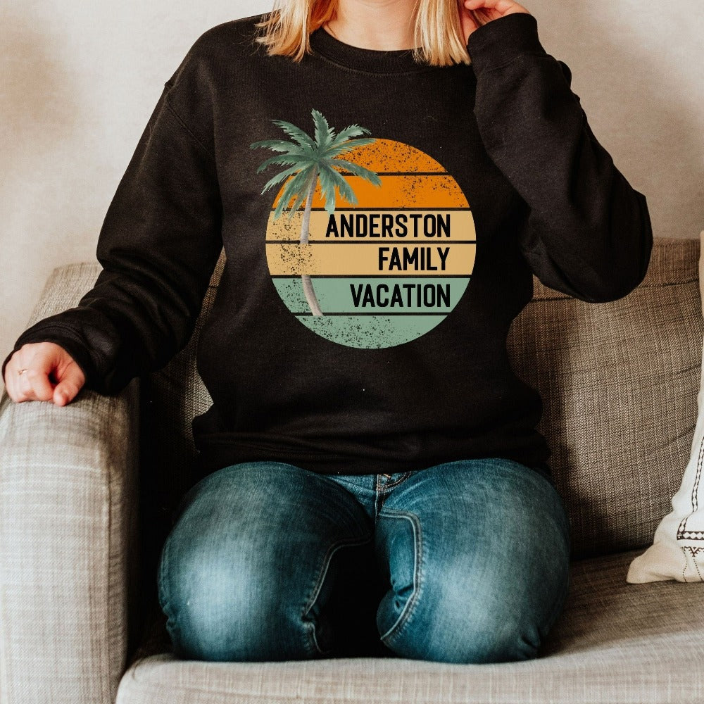 Personalized matching family group vacation sweatshirt is a great way to get in Vacay mood for your getaway! Palm tree boho beachy gift and souvenir for beach island cruise lakefront vibes. Customize now with destination or name for a special touch.