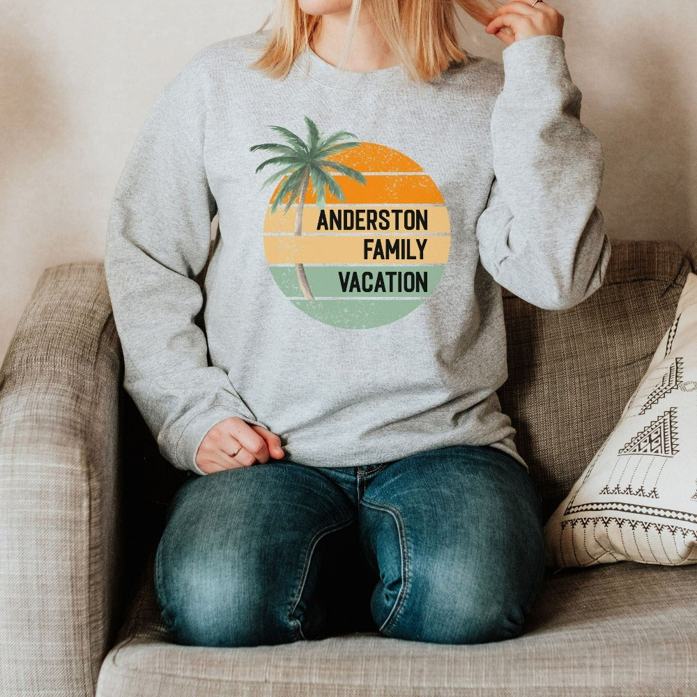 Personalized matching family group vacation sweatshirt is a great way to get in Vacay mood for your getaway! Palm tree boho beachy gift and souvenir for beach island cruise lakefront vibes. Customize now with destination or name for a special touch.