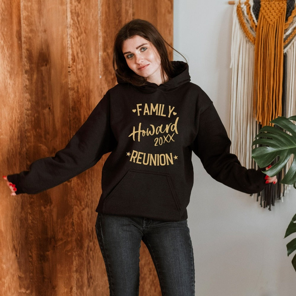 Custom matching family reunion name hoodie. This classy outfit comes with personalization to stand out on your get together. Available in multiple sizes and colors with customized year or destination options. Summer break vacay mode approved!