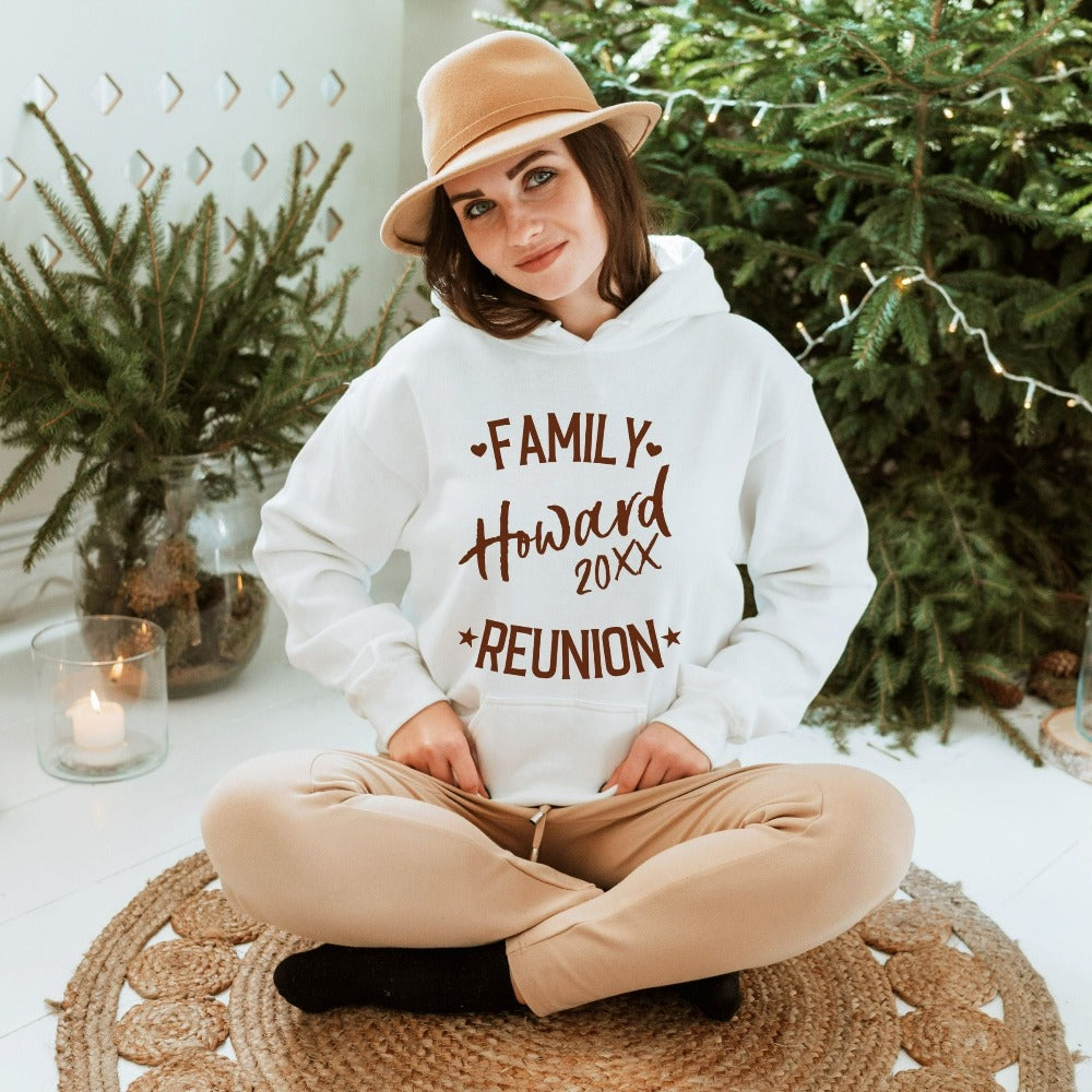 Custom matching family reunion name hoodie. This classy outfit comes with personalization to stand out on your get together. Available in multiple sizes and colors with customized year or destination options. Summer break vacay mode approved!
