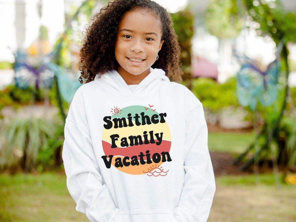This matching family cruise vacation hoodie is the perfect custom way to get into vacay mode. Customized with name and personalized to stand out, the whole travel crew squad will love this retro vintage look. Perfect for family trip, cruise, beach life adventure!