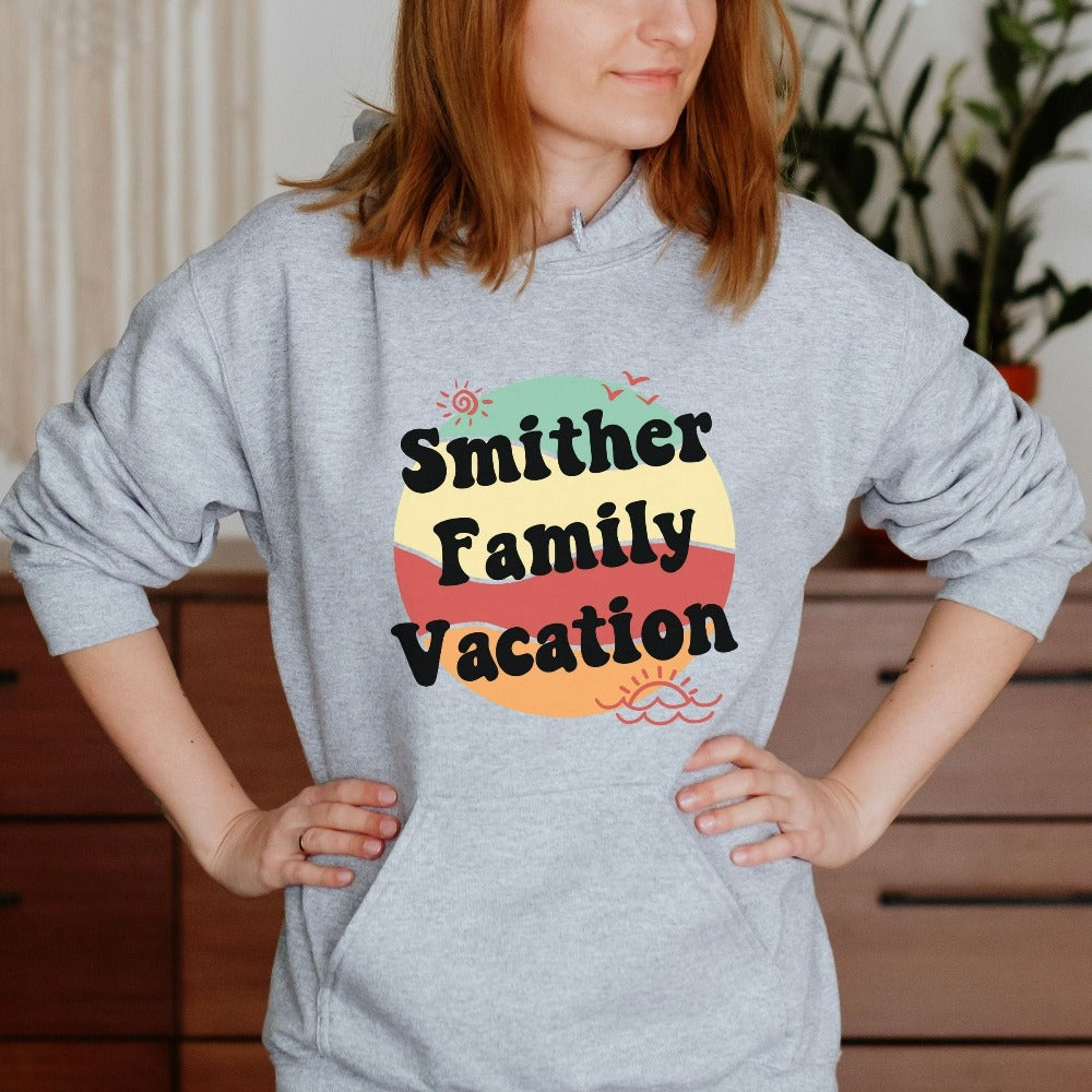 This matching family cruise vacation hoodie is the perfect custom way to get into vacay mode. Customized with name and personalized to stand out, the whole travel crew squad will love this retro vintage look. Perfect for family trip, cruise, beach life adventure!