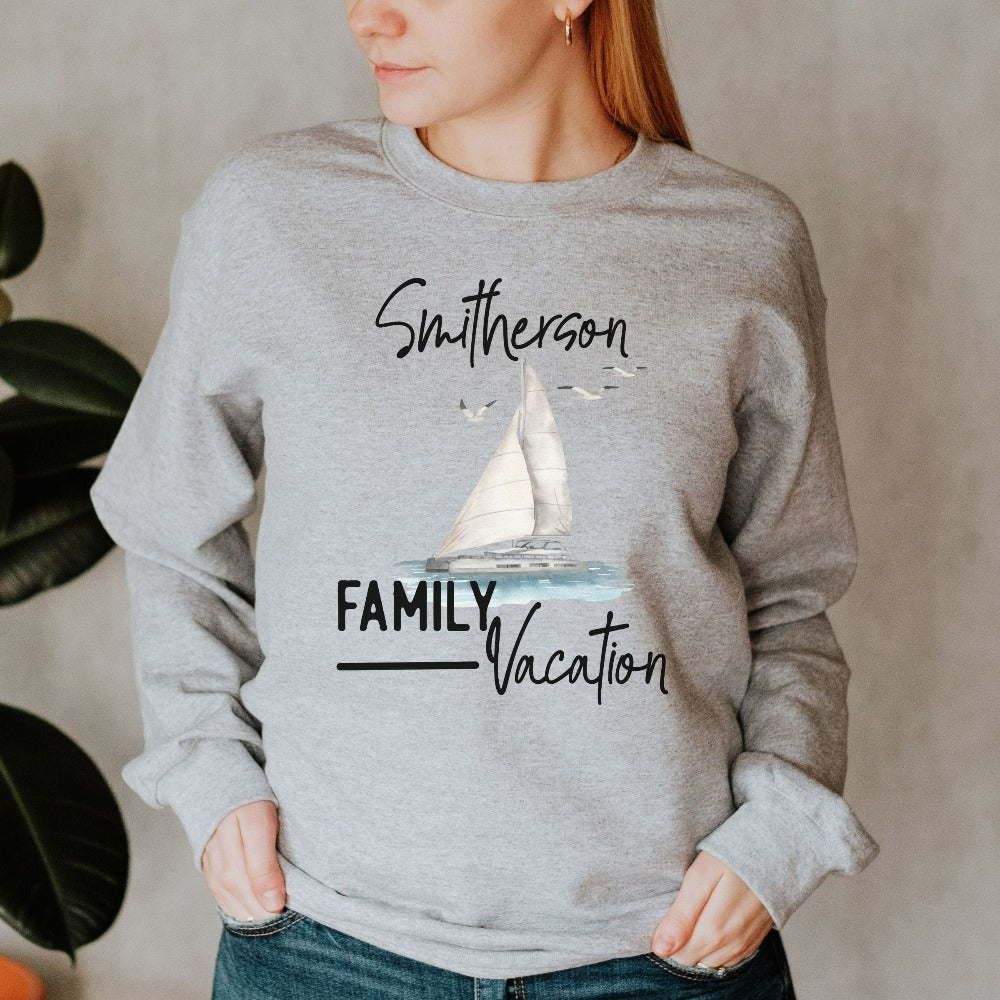 Custom nautical family vacation matching outfit for your cruise vacay. Personalize this cute sweatshirt with name or destination to stand out. This is a perfect gift idea of honeymooning newly married couple, sisters girls group trip, or sorority island dream holiday.