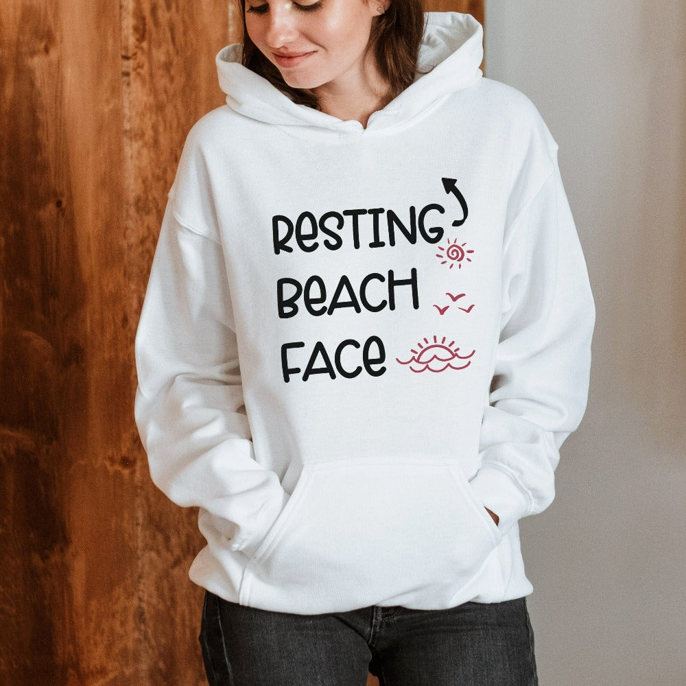 Humorous beach vacation Resting Beach Face saying sweatshirt. This funny top is perfect for your cruise vacay, weekend island getaway, girls trip or lake house family reunion trip. Get in the vacay mood with this hilarious comfy travel shirt. Perfect matching hoodie for best friends or sisters' relaxation vacay. 
