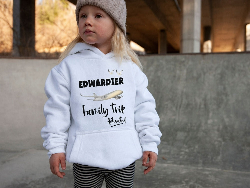 Family trip activated and in progress. Get in vacay mode with this custom outfit personalized with name and stand out on your summer vacation, island retreat, reunion, or mother daughter trip. Customized as a travel souvenir for adults and kids.