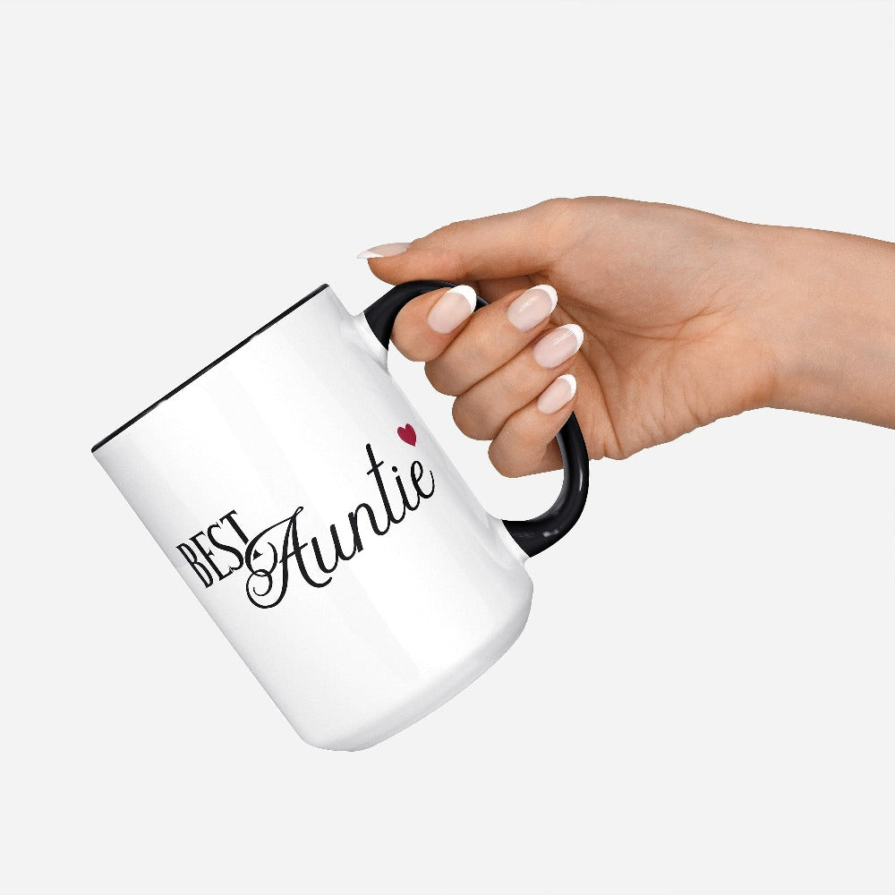 Show love and appreciation with this minimalist best auntie coffee mug. Whether it's for a family reunion, weekend visit, birthday or Christmas holidays, this adorable beverage cup is a thoughtful gift idea for your aunt. Makes a great memorable present from niece or nephew on her special day. This is also a cute idea for an aunty pregnancy reveal or new baby announcement surprise to your sister, family, sibling or best friend as the newest favorite funtie tia!