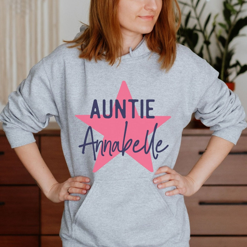 Customize this cute promoted to auntie baby announcement gift idea for women. This baby shower, family reunion or thanksgiving holiday, pregnancy reveal hoodie for aunt sister or best friend is a great way to break the good news to family and friends. Pregnant mom gender party surprise to new aunt or loved tia. Custom aunt life present for Mother's Day or Christmas reunion.