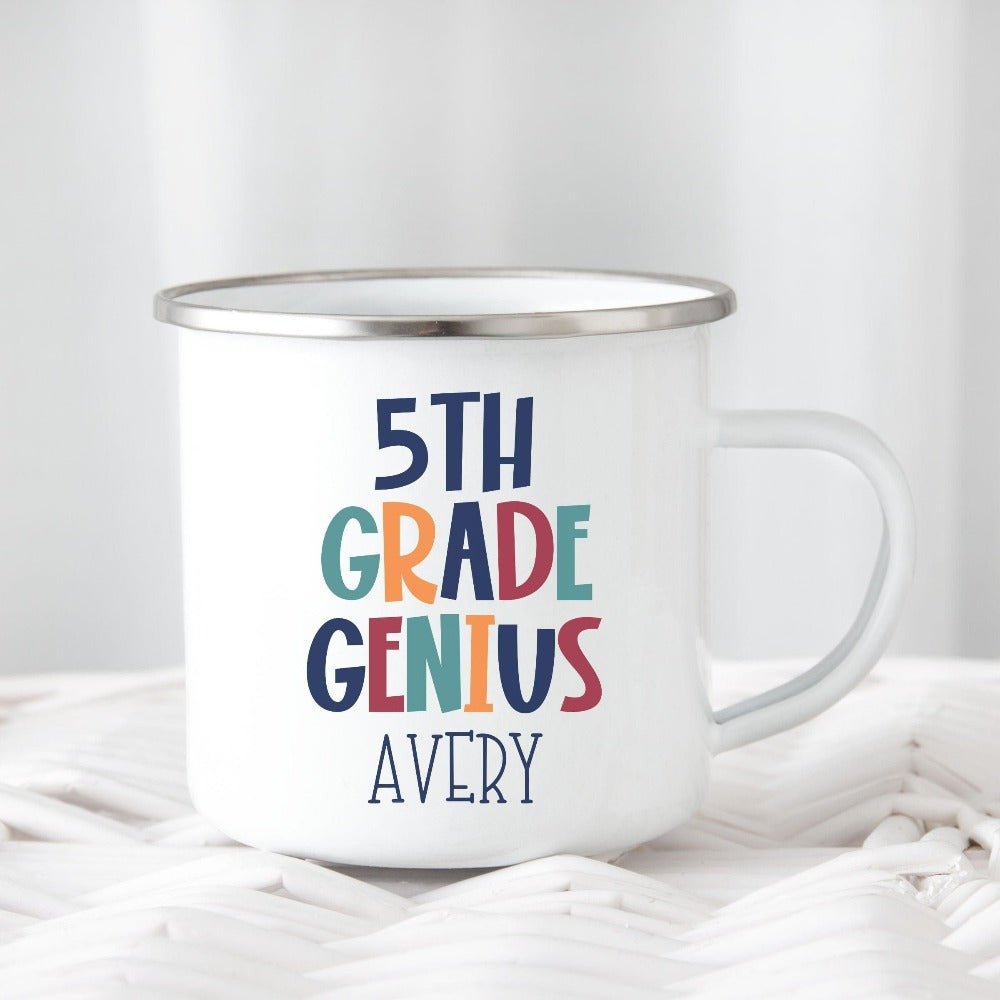 Customize this fifth grade, back to school drinking mug gift idea for your genius. For first day of school, school field trips, 100 days of school, graduation or a new grade. Perfect name cup for everyday use in or out of classroom. 5th grade souvenir.