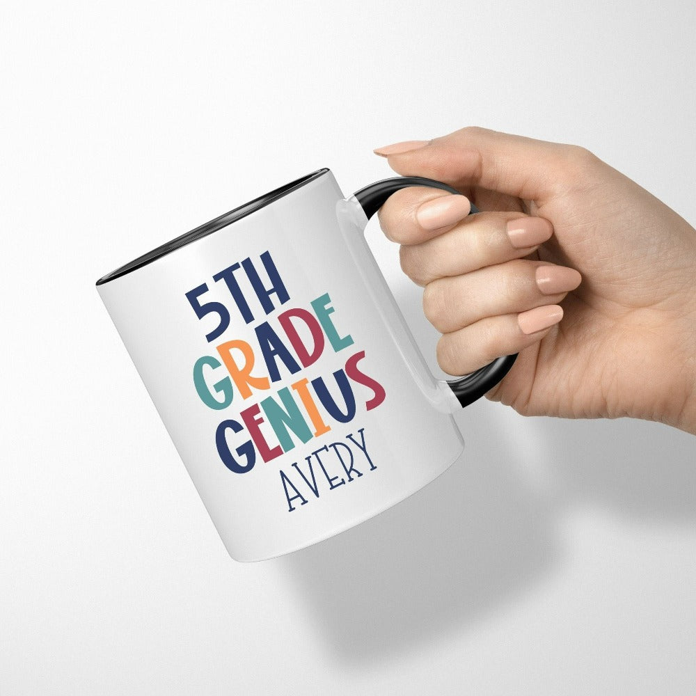 Customize this fifth grade, back to school drinking mug gift idea for your genius. For first day of school, school field trips, 100 days of school, graduation or a new grade. Perfect name cup for everyday use in or out of classroom. 5th grade souvenir.