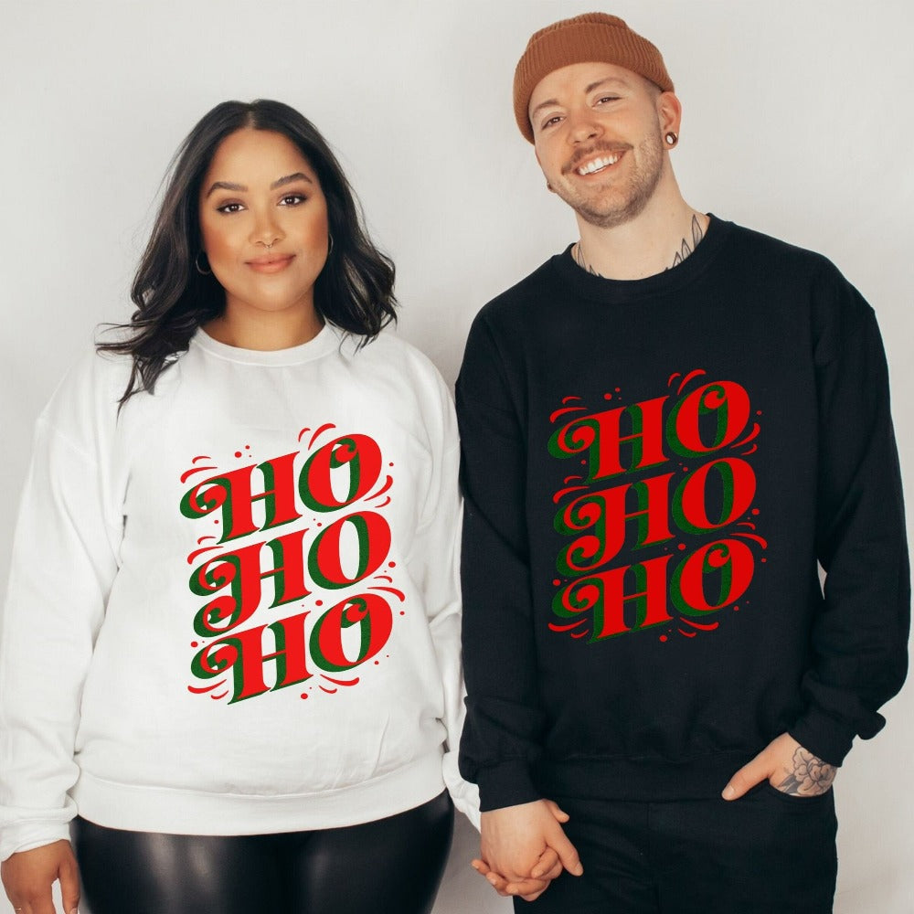 Jolly, merry and bright Ho Ho Ho Christmas sweatshirt. Great matching family reunion lounge set for the holidays. Celebrate the Xmas spirit, snow days, sweater weather, lights and great friendship with this adorable festive outfit. Perfect gift idea fit for home visits, office end of year party, secret Santa, family stocking stuffers, teacher gifts and Christmas season presents.