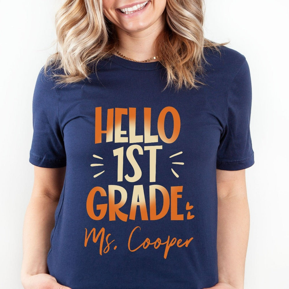 Hello 1st Grade! Customize this retro vibrant new grade shirt as a thank you gift idea for teacher, trainer, instructor and homeschool mama. Create a custom look and show appreciation to your favorite grade teacher with this unique shirt. Perfect for elementary team spirit, back to school, last day of school, summer or spring break. Great outfit for everyday use both in and out of the classroom.