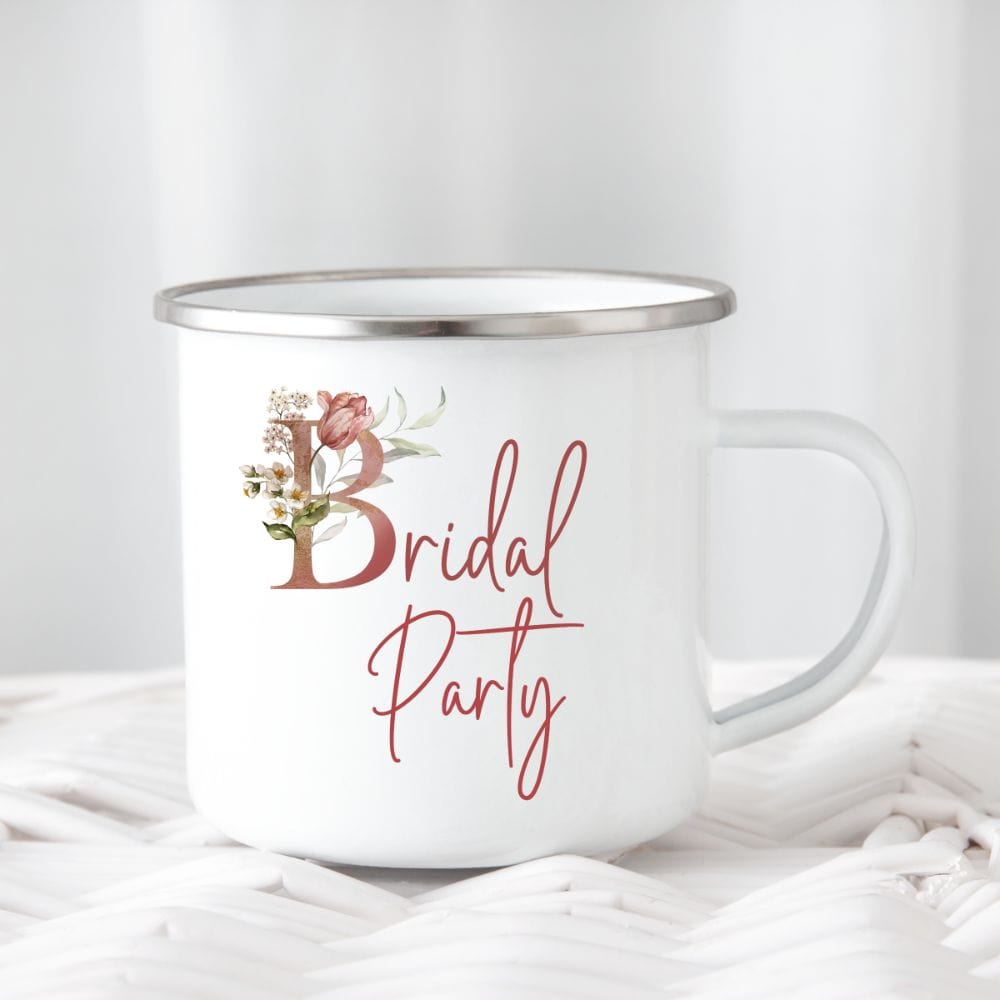 Floral bridal party coffee mug souvenir for maid of honor, bride team, bridesmaids, mother of the bride or groom and wedding party. Great idea for engagement announcement, bachelorette party, bridesmaid proposal box gift idea, rehearsal dinner, and after wedding parties. This cute getting ready present is a perfect addition for the bride's crew, team or squad.