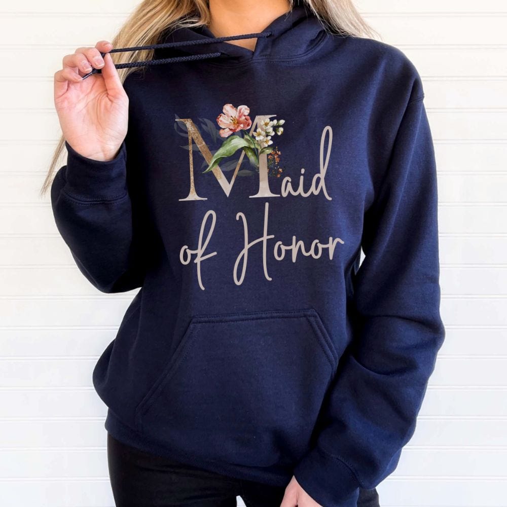 Floral maid of honor wedding party hoodie for matron of honor. Great idea for engagement announcement, bachelorette party, bridesmaid proposal box gift idea, rehearsal dinner, and after wedding parties. This cute getting ready present is a perfect addition for the bride's crew, team or squad.