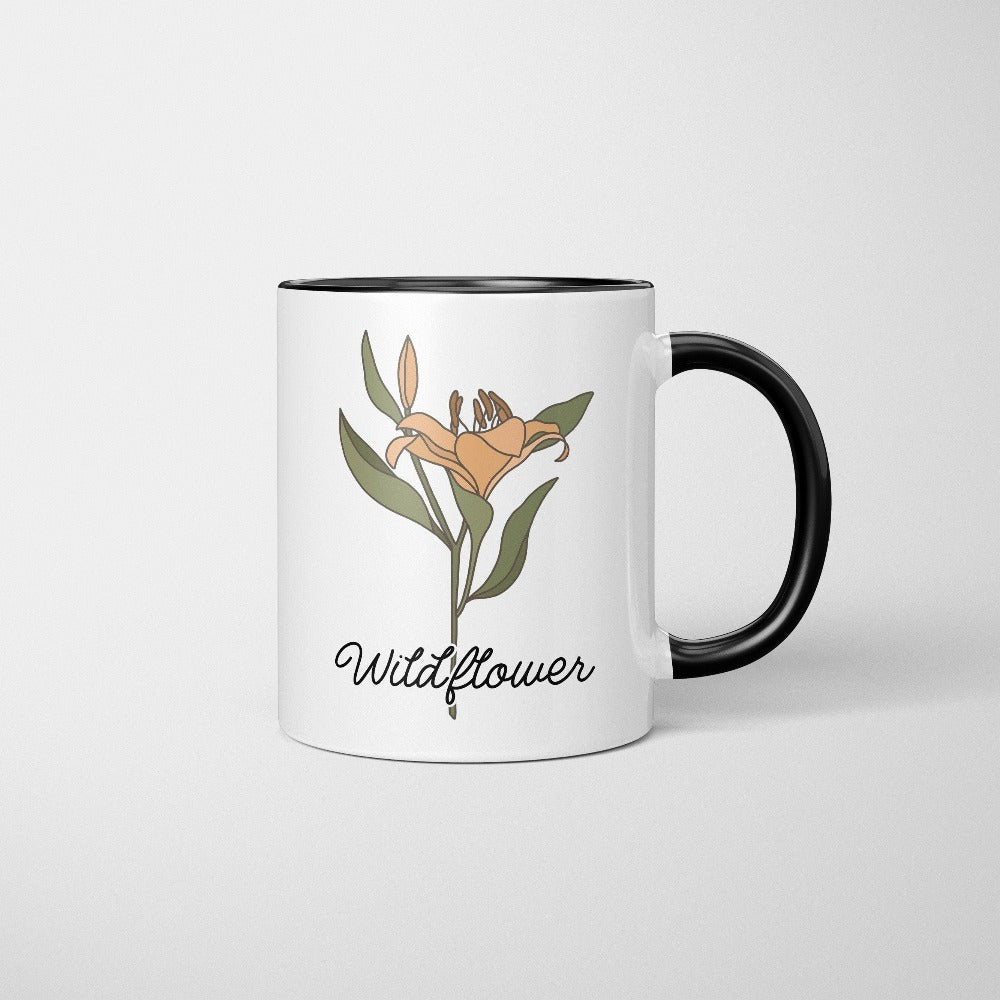 This minimalist wildflower graphic lily coffee mug is elegant and perfect gift idea for mom, daughter, teenager, sister, best friend especially if they love lilies, the outdoors, nature, plants or flowers. The floral boho cottage core look is great for every occasion and works as a birthday, Christmas holiday, Mother's Day, anniversary or Thanksgiving gift idea.
