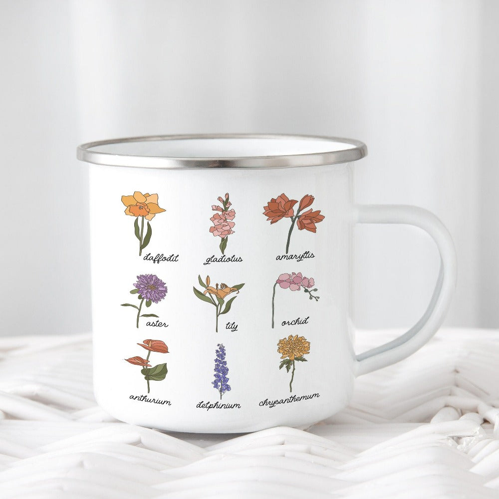 Wildflower graphic coffee mug showing daffodil, gladiolus, amaryllis, aster, lily, orchid, anthurium, delphinium and chrysanthemum. This botanical wild flower beverage cup is great for Mother's Day, birthday, Christmas holidays, gift for best friend, daughter, mom or loved one especially anyone that loves nature, flowers and adorable watercolor kitchenware.