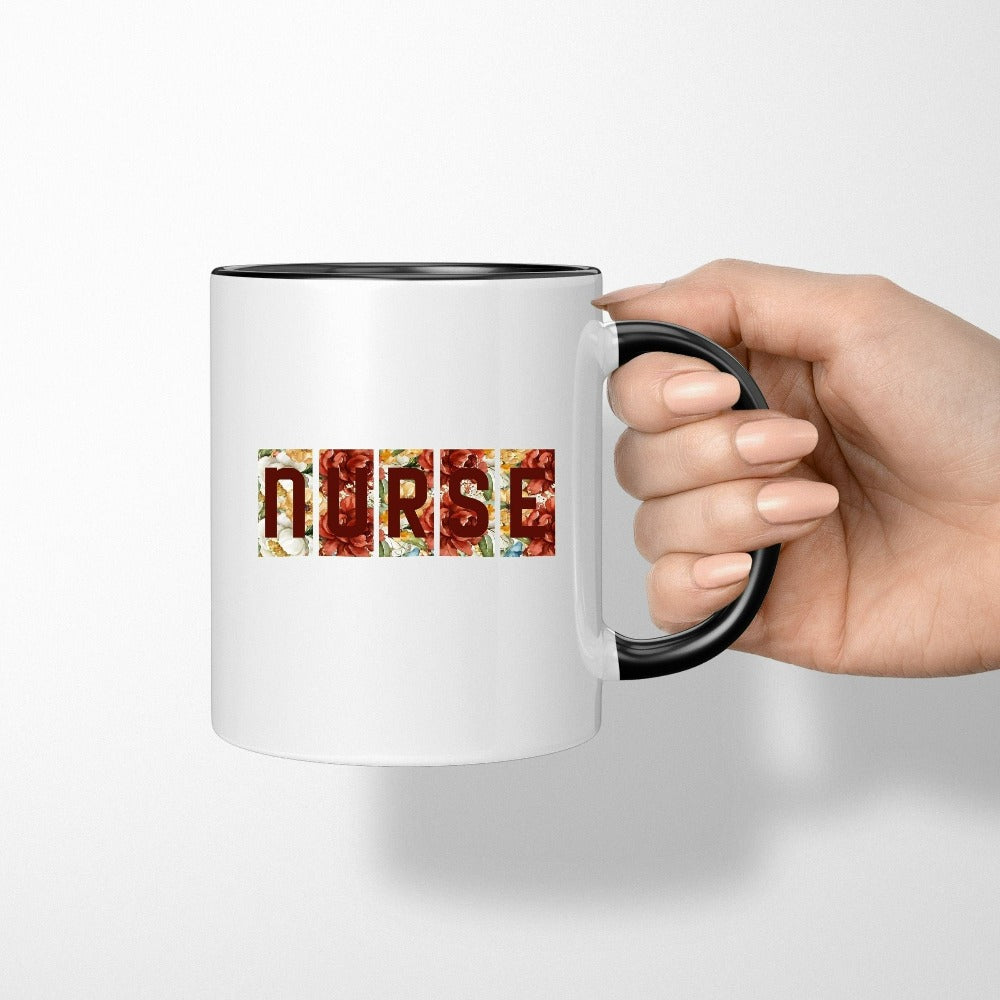 Floral Nurse coffee mug. This adorable gift idea works for Nursing Graduate, New Nurse, Emergency Department, Operating Theatre, Neonatal NICU, ICU, RN and more. Perfect appreciation thank you gift for hospital ward favorite nurse team, surgical unit crew and co-workers. Great staff room cup for both night and day shifts.