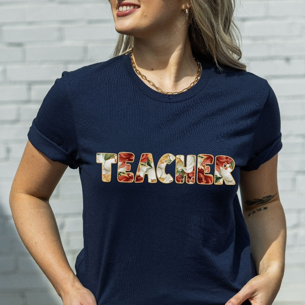 Floral casual shirt gift idea for teacher, trainer, instructor and homeschool mama. Show appreciation to your favorite grade teacher with this vibrant trendy t-shirt. Perfect for elementary, middle or high school, back to school, last day of school, summer or spring break. Great tee for everyday use both in and out of the classroom.