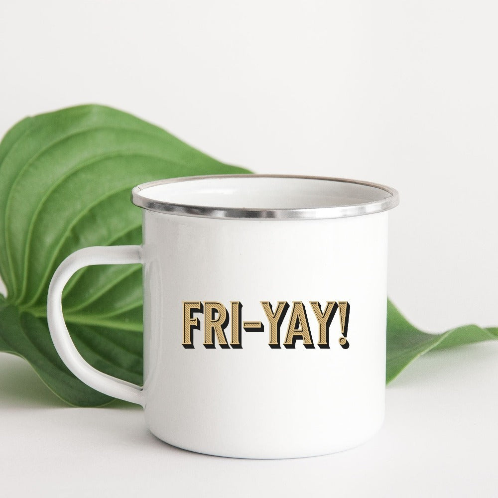 Funny Fri-yay! coffee mug is a great gift idea for elementary grade teacher, principal, kindergarten or preschool classroom team, co-workers, staff team and just about everyone looking forward to weekend activities. Grab this for Christmas presents, office party, birthday gifts or staff room beverage cup.