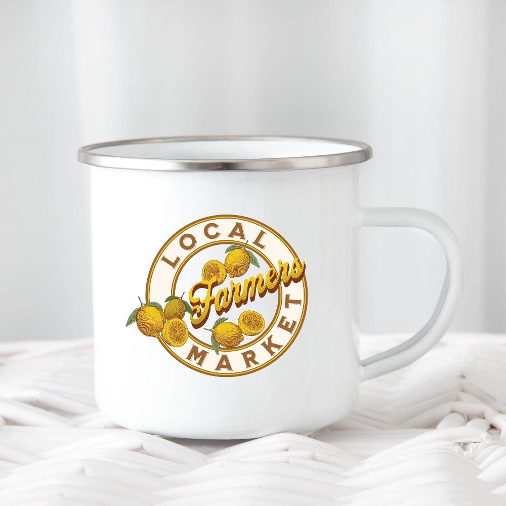 Local farmers market gift idea to support shop local. Great thoughtful coffee mug present for farmer, gardener, fruit stand or garden store owner. Also a great birthday or holiday gift for any outdoorsy plant lover, organic enthusiast, best friend, grandma, friendly neighbor or mom.