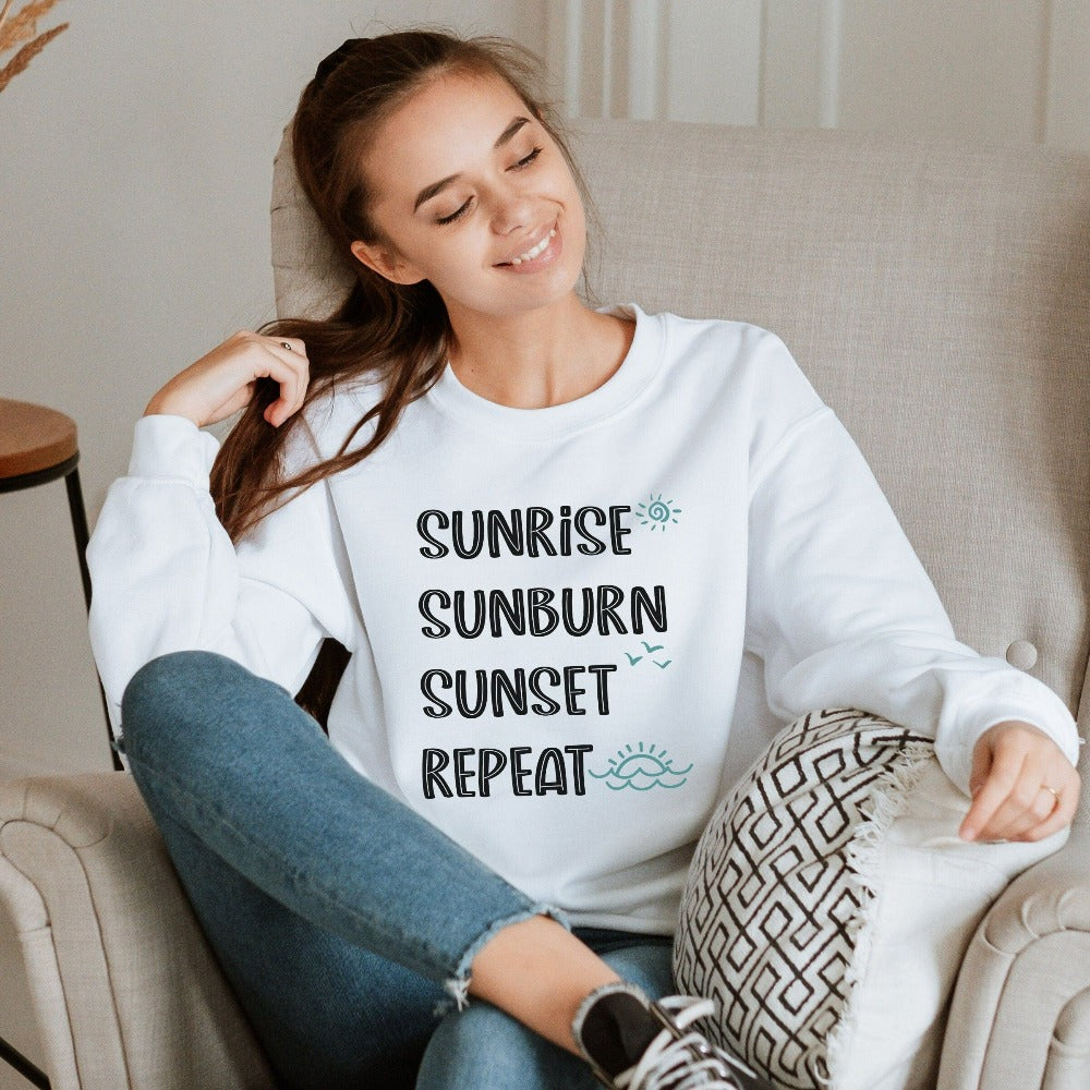 Thinking of living the beach life? This sweatshirt gives a summary of what a perfect cruise vacay, weekend island getaway, girls trip or family reunion trip could be. Get in the vacay mood with this cute comfy travel shirt. Perfect matching outfit for best friends, sisters, mom - daughter or any other travel buddies.