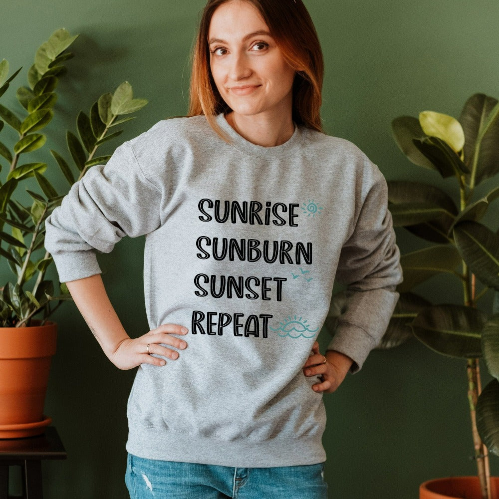 Thinking of living the beach life? This sweatshirt gives a summary of what a perfect cruise vacay, weekend island getaway, girls trip or family reunion trip could be. Get in the vacay mood with this cute comfy travel shirt. Perfect matching outfit for best friends, sisters, mom - daughter or any other travel buddies.