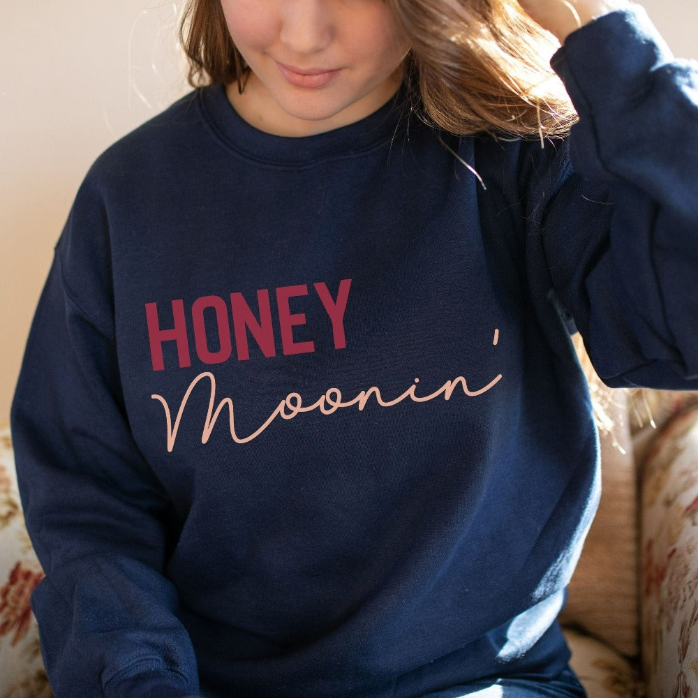 Matching honeymooning sweatshirt for newly engaged couple. This funny outfit is perfect as a travel outfit, gift from bridesmaid, bridal shower and engagement party presents. Finally heading out for your honeymoon, grab this minimalist shirt and get in the vacation mode with your travel buddy.