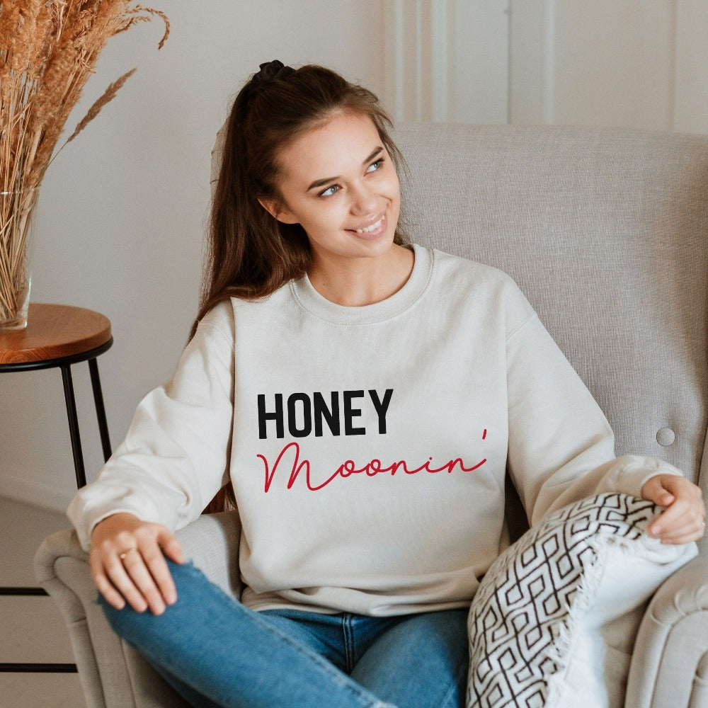 Matching honeymooning sweatshirt for newly engaged couple. This funny outfit is perfect as a travel outfit, gift from bridesmaid, bridal shower and engagement party presents. Finally heading out for your honeymoon, grab this minimalist shirt and get in the vacation mode with your travel buddy.