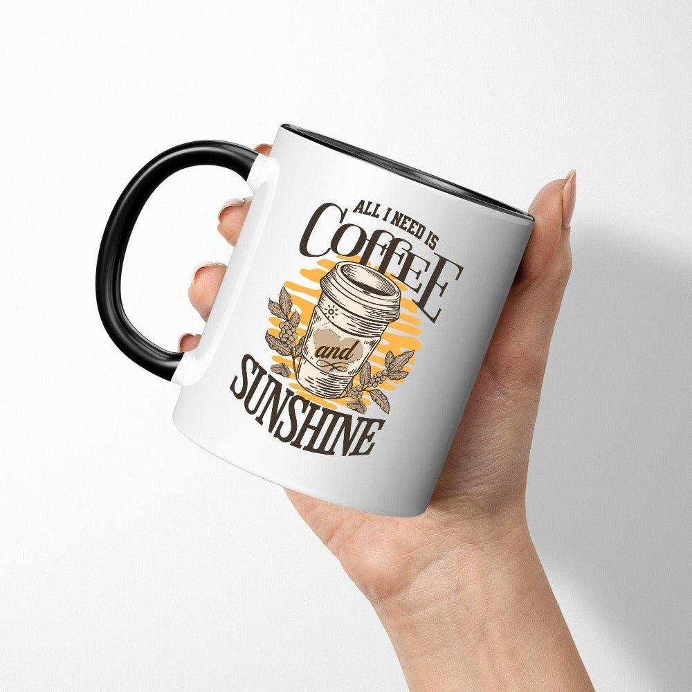 Humorous sunshine and coffee lover gift idea for summer break, vacation life, beach vacay mode, girls road trip and family reunions. Show appreciation to your favorite loved one, mom, grandma, best friend or relative with this cute coffee mug. Great funny graphic cup for everyday use both indoors and outdoors.