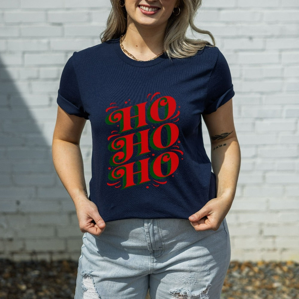 Jolly, merry and bright Ho Ho Ho Christmas shirt. Great matching family reunion lounge set for the holidays. Celebrate the Xmas spirit, snow days, sweater weather, lights and great friendship with this adorable festive outfit. Perfect gift idea fit for home visits, office end of year party, secret Santa, family stocking stuffers, teacher gifts and Christmas season presents.