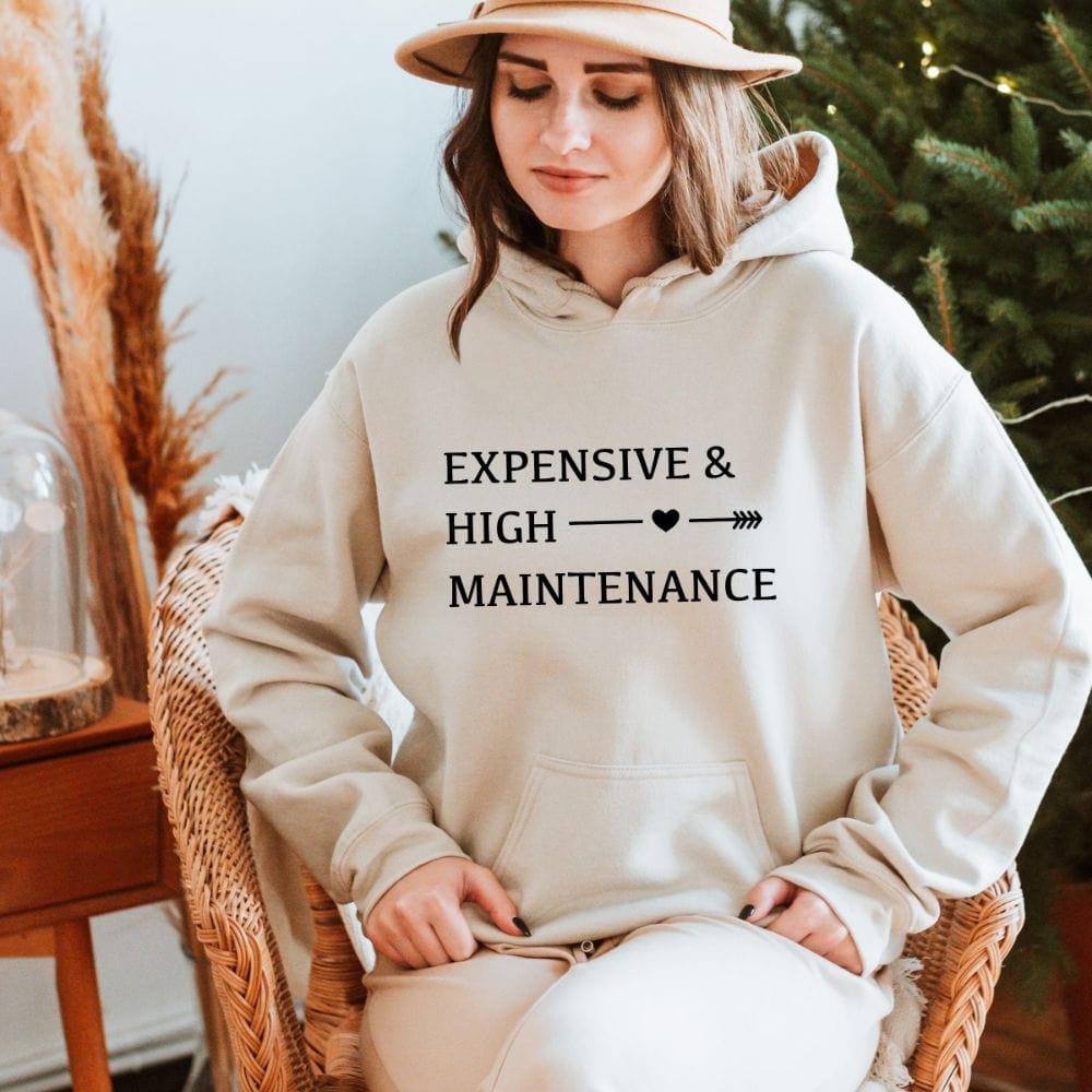 This empowered expensive & high maintenance hoodie is a sassy and trendy outfit. It has a funny graphic saying that make it humorous. A perfect gift idea for mom, wife and sister on mother's day, birthday and Christmas. 