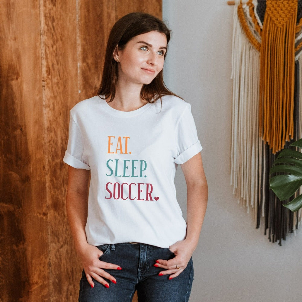 Eat, Sleep, Soccer casual shirt. It's always sports season depending on how you play. This playful soccer gift idea for your favorite athlete or soccer mom is bright and cheerful. Great for cheering on your team, getting ready for practice, heading out for a match and being the number one fan you have always been. Perfect soccer mom or dad outfit.